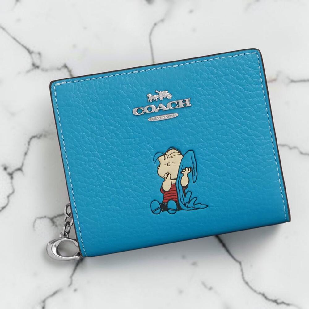Coach X Peanuts Snap Leather Wallet With Linus in Parrot Blue CBN91